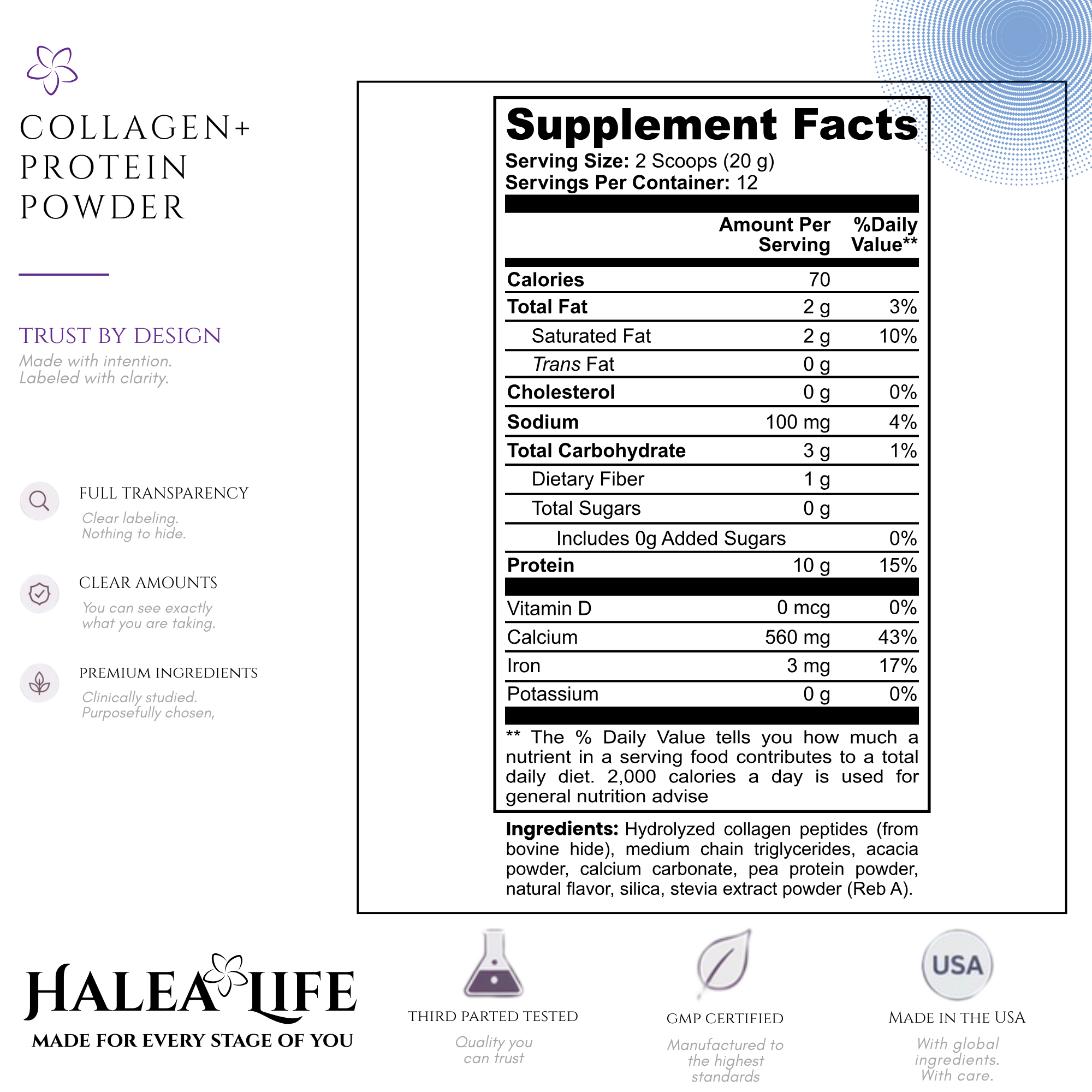 Supplement facts label for Halea Life collagen and protein powder with branding and certification logos.
