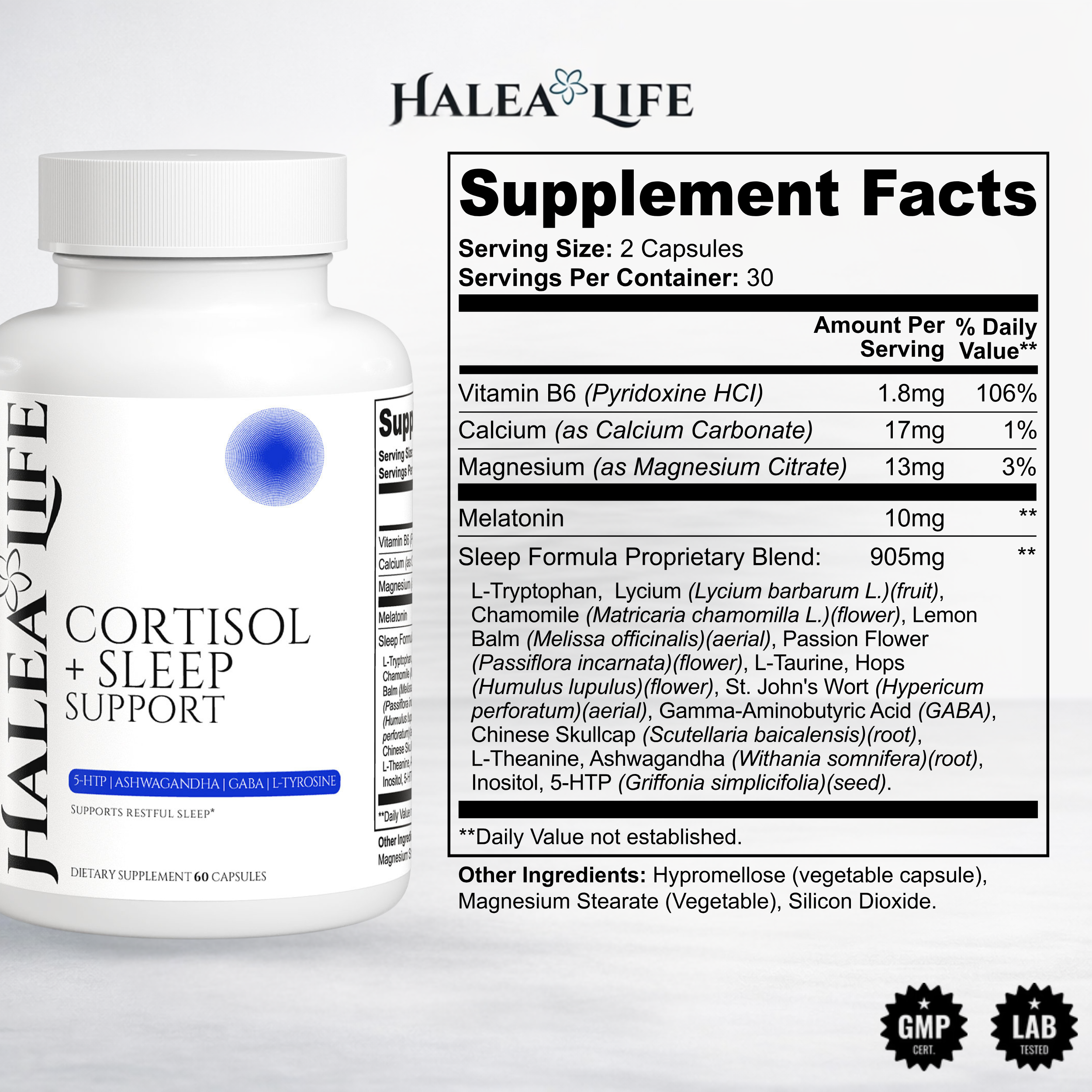 Halea Life Cortisol Plus Sleep Support for sleep onset cortisol reduction and restorative sleep cycle support