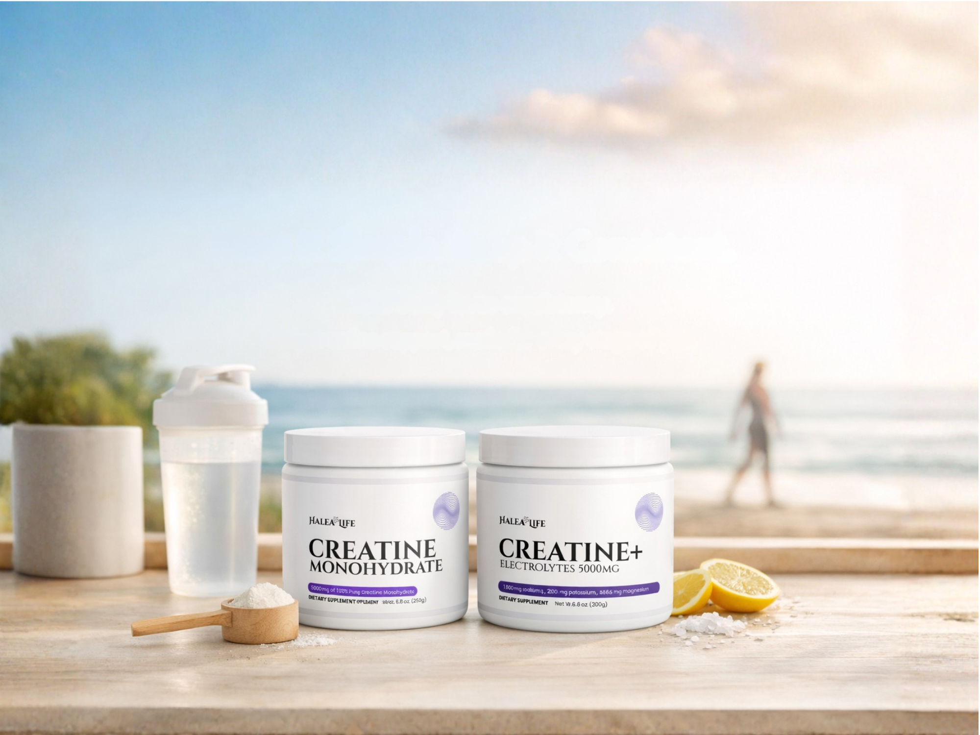 Two containers of 'Creatine+' supplement on a wooden surface with a beach background
