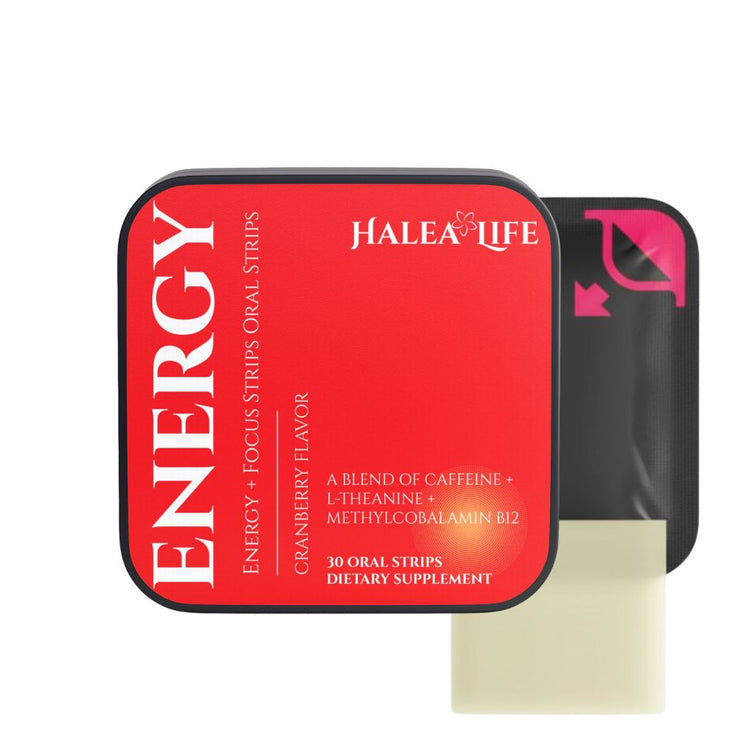 Halea Life Energy Focus Oral Strips product packaging with caffeine L-theanine and vitamin B12