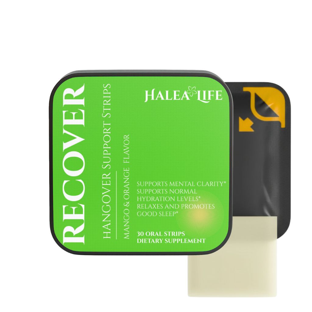 Halea Life Herbal Recovery Strips product packaging with turmeric grape seed and liver support blend