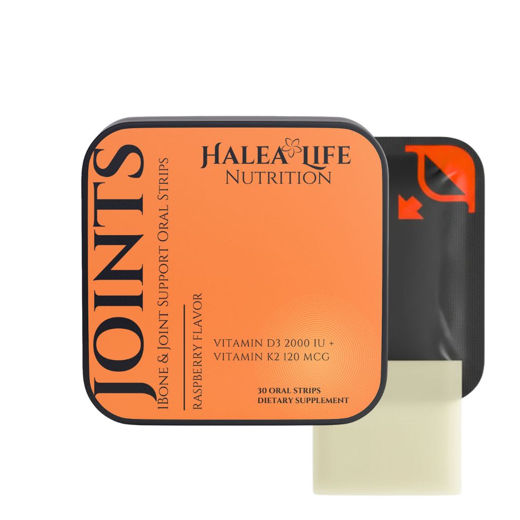 Halea Life Bone Support Oral Strips product packaging with Vitamin D3 2000IU and K2 120mcg