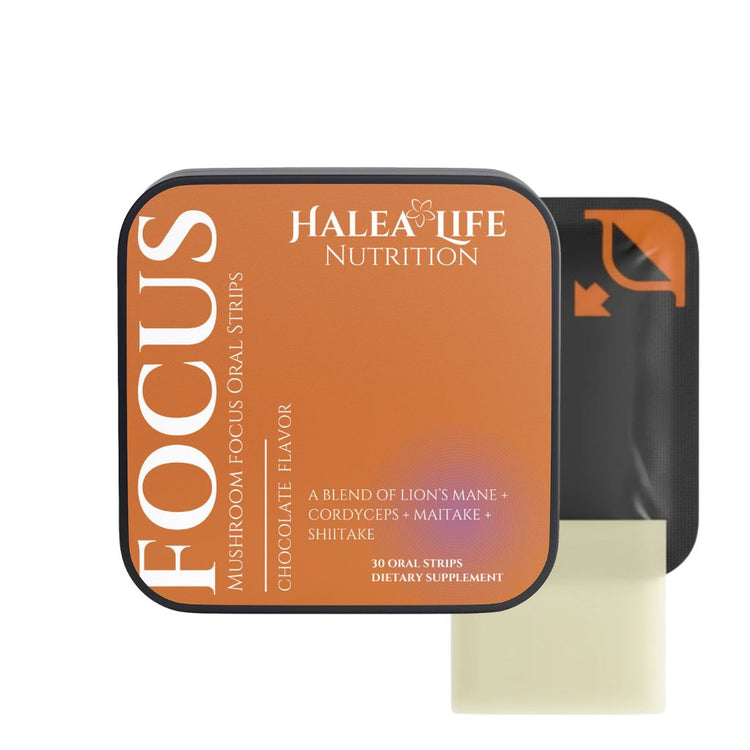 Halea Life Focus Vitality Oral Strips product packaging with lion's mane cordyceps and mushroom complex