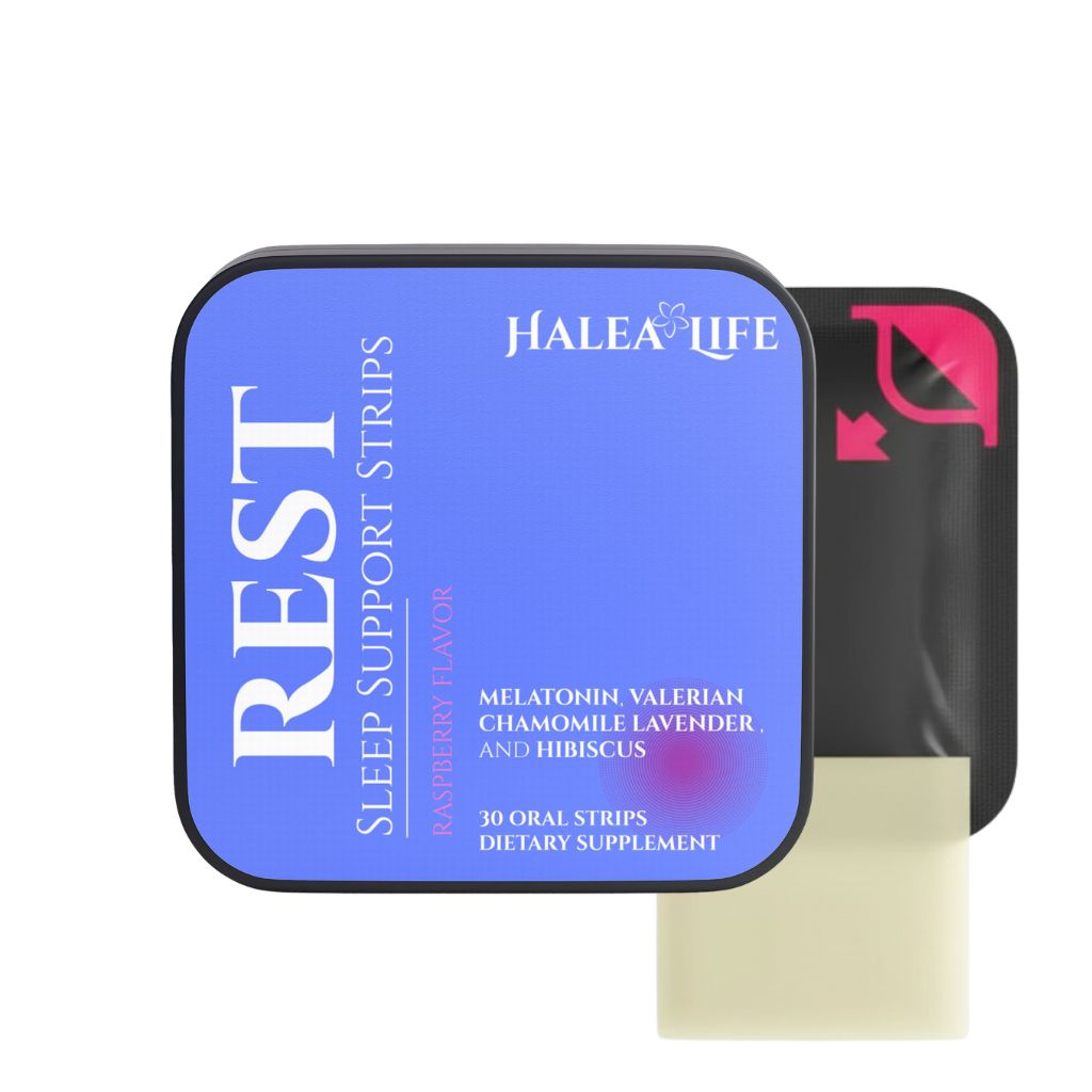 Halea Life Sleep Support Oral Strips product packaging with melatonin valerian and chamomile