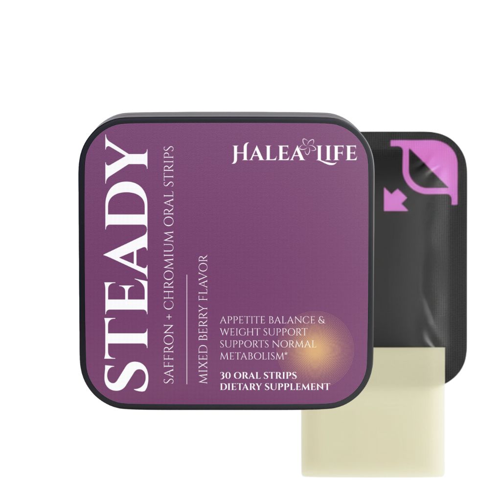 Halea Life Saffron Chromium Dissolvable Strips product packaging with mixed berry appetite balance strips