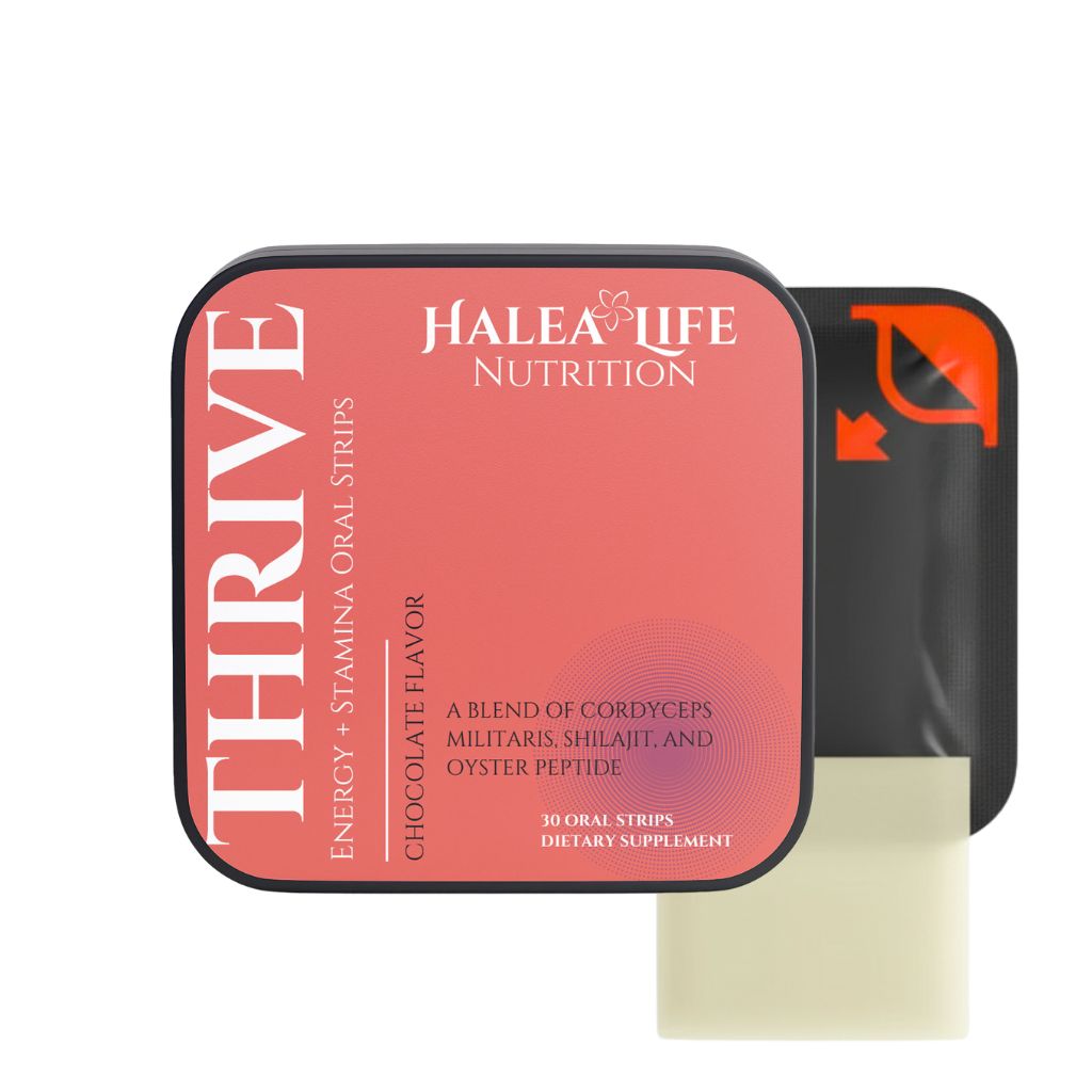 Halea Life Stamina Libido Oral Strips product packaging with shilajit cordyceps and oyster peptide