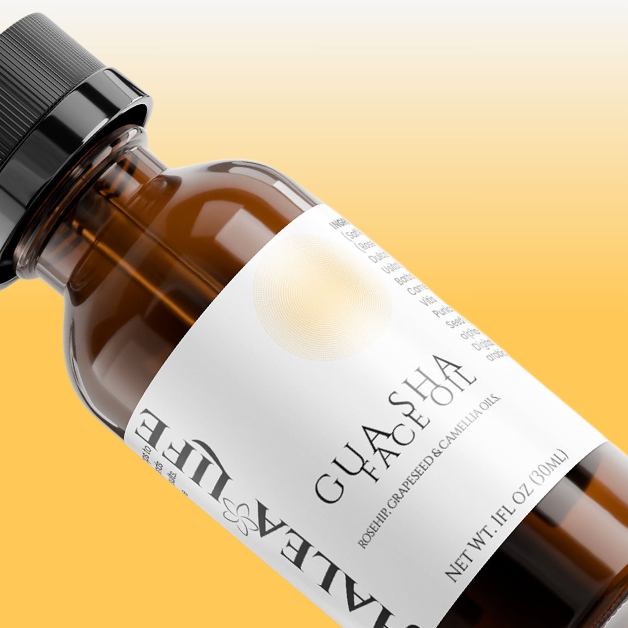 Bottle of Halea jojoba face oil with a white label on a yellow background