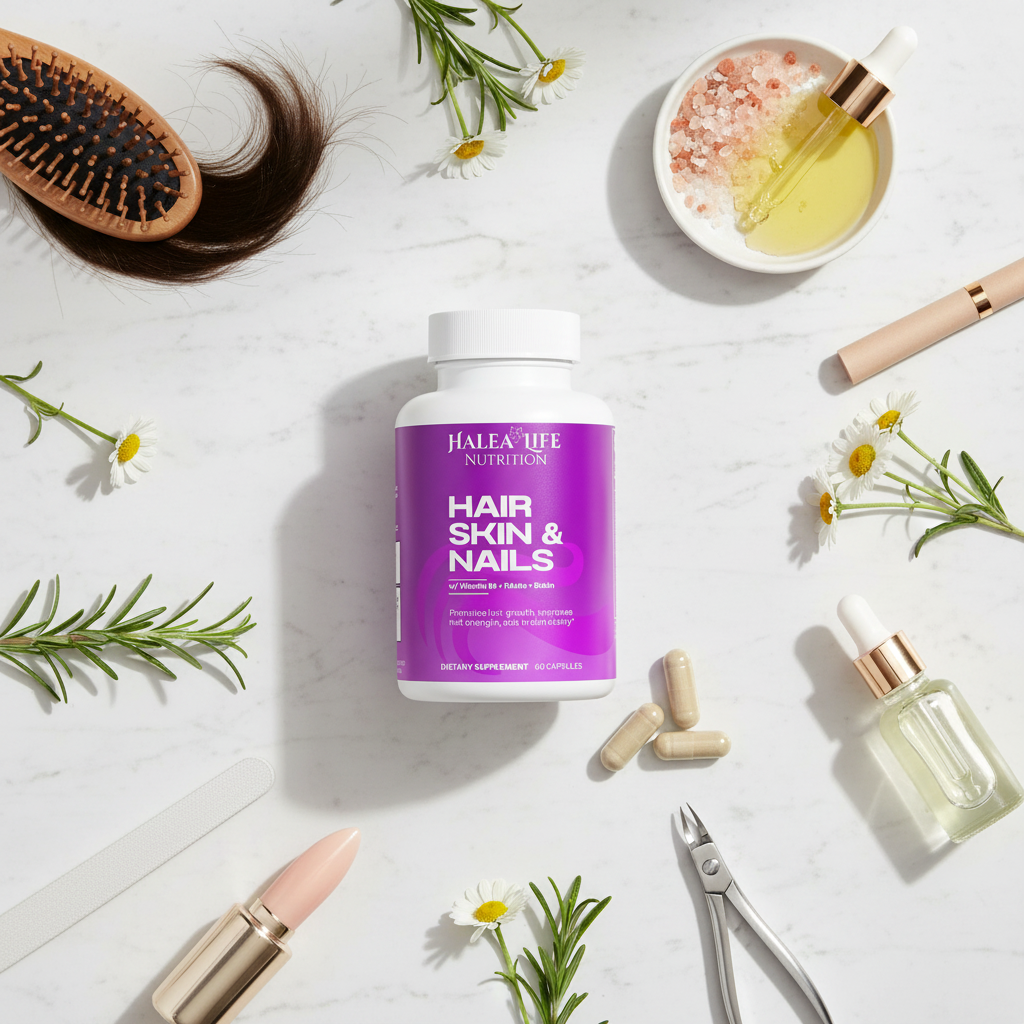 Halea Life Hair, Skin & Nails supplement bottle on a white surface with beauty products and plants.
