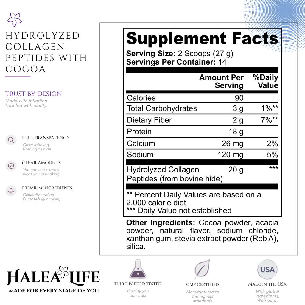 Supplement facts label for hydrolyzed collagen peptides with cocoa from Halea Life.