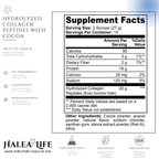 Supplement facts label for hydrolyzed collagen peptides with cocoa from Halea Life.