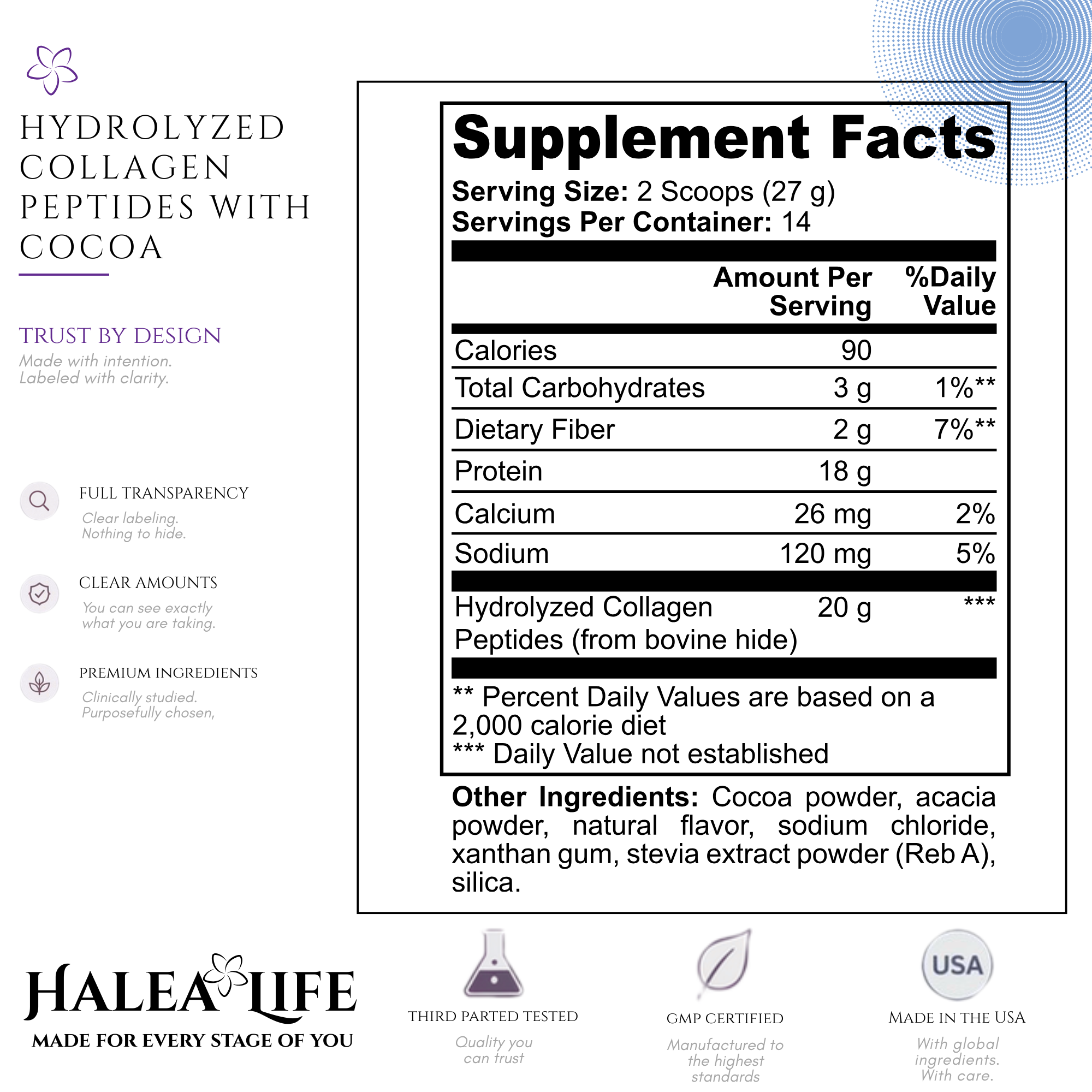 Supplement facts label for hydrolyzed collagen peptides with cocoa from Halea Life.