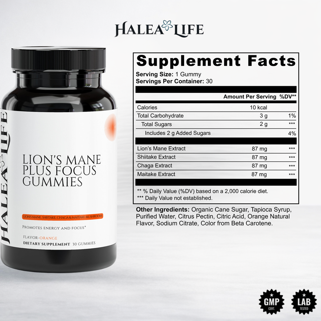 Halea Life supplement bottle with label and supplement facts on a white background