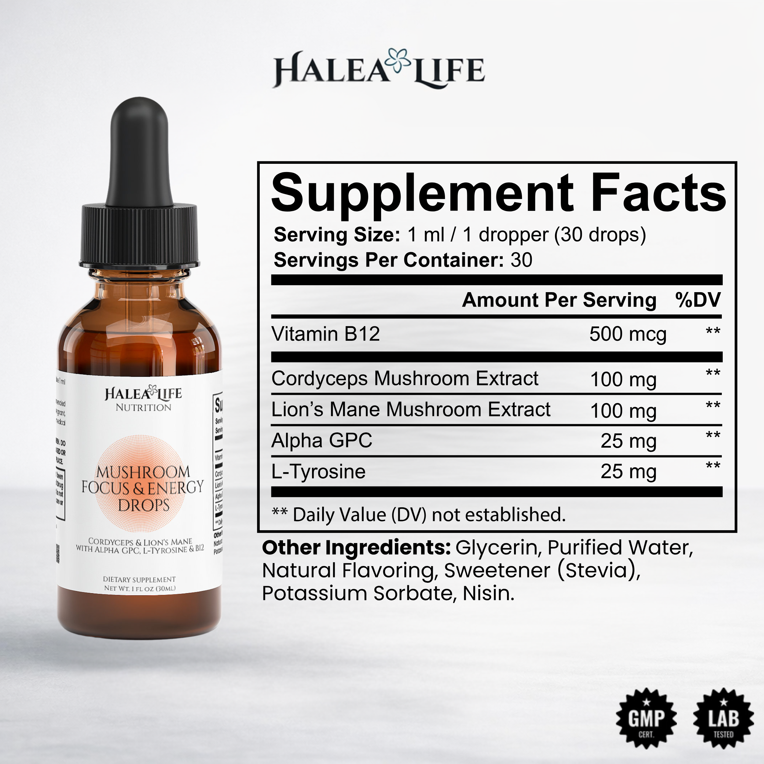 Mushroom Focus & Energy Drops supplement facts  Cordyceps 100mg Lion's Mane 100mg Alpha GPC L-Tyrosine Vitamin B12