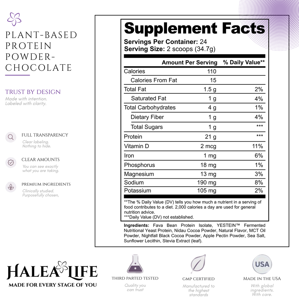 Chocolate plant-based protein powder lifestyle image with Halea Life branding, soy free dairy free gluten free