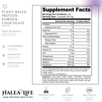 Chocolate plant-based protein powder lifestyle image with Halea Life branding, soy free dairy free gluten free