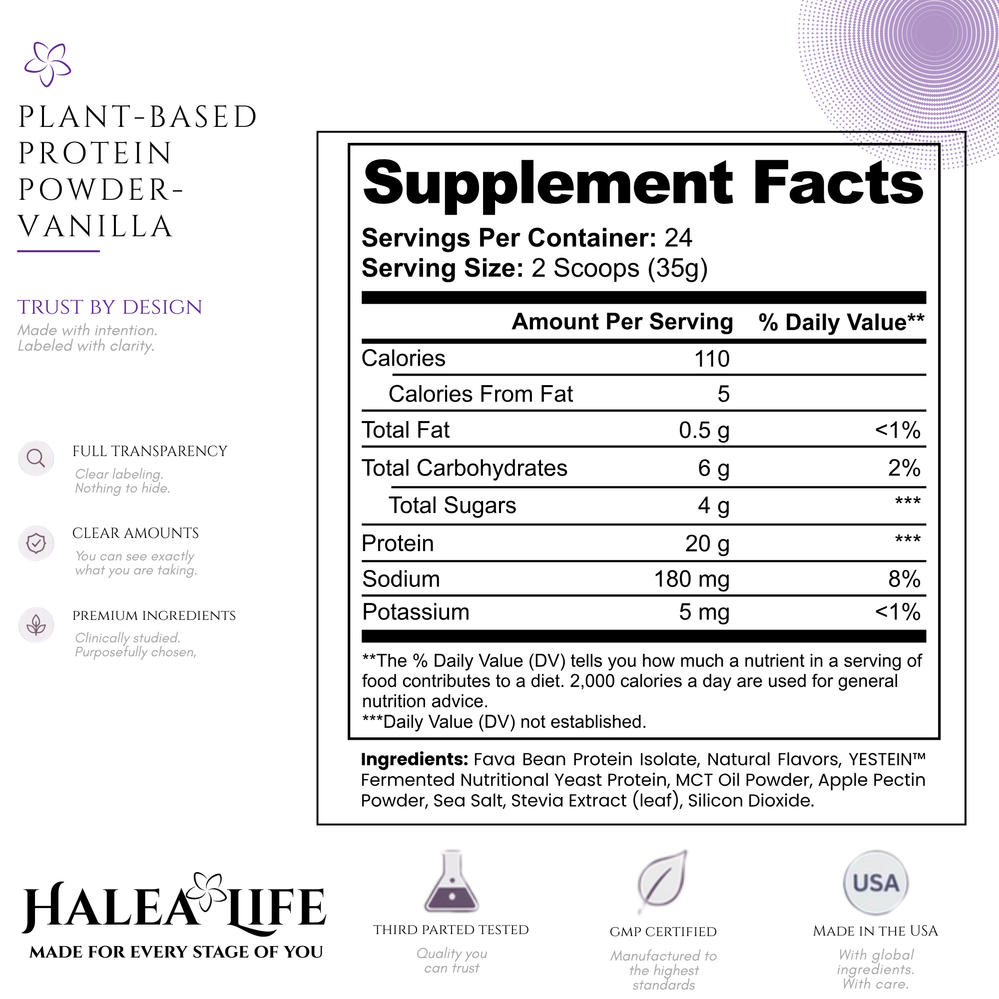 Vanilla plant-based protein powder supplement facts label showing 20g protein per serving, soy free dairy free gluten free