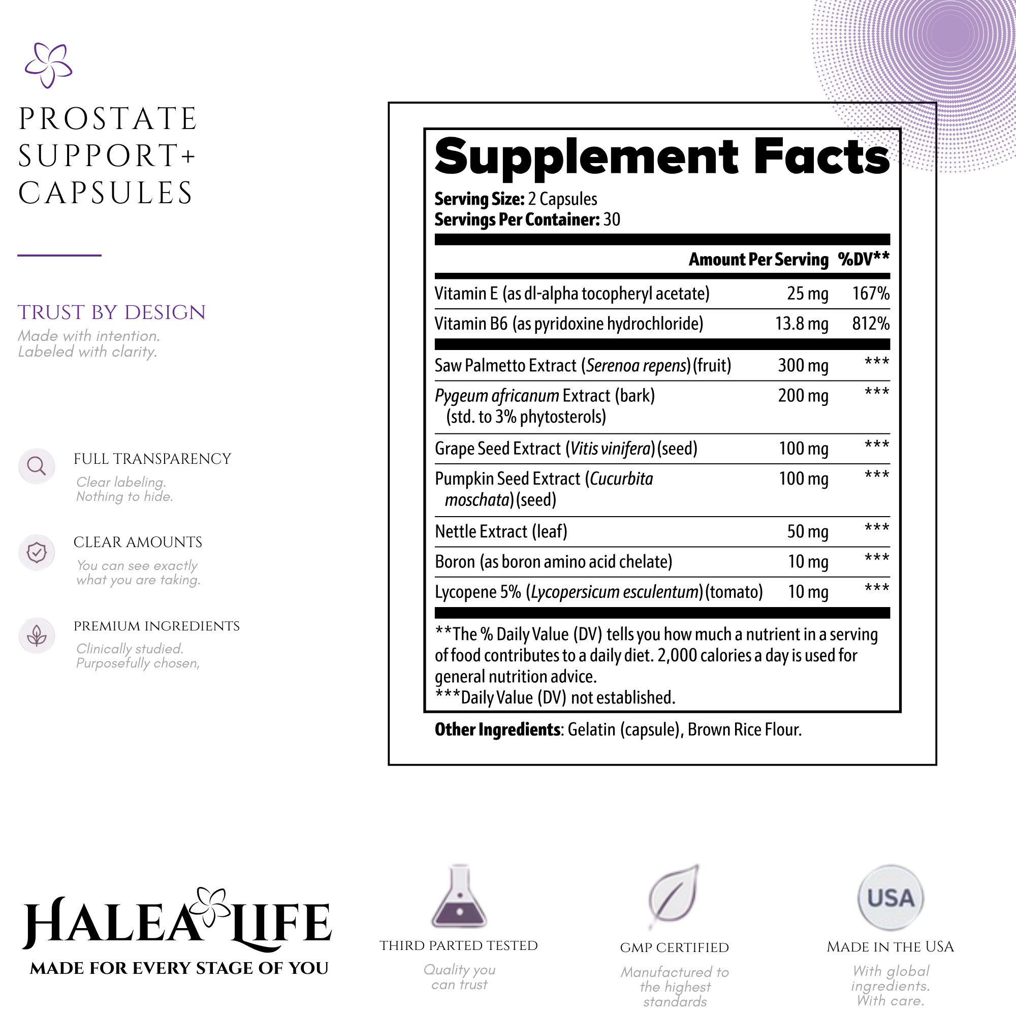 Supplement label for prostate support capsules with Halea Life branding and ingredient list.