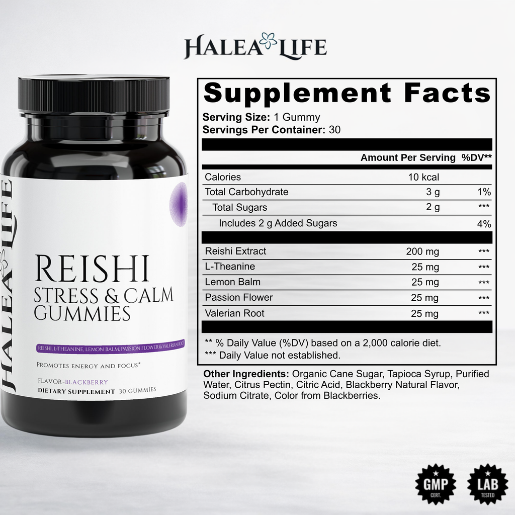 Reishi Stress & Calm Gummies supplement facts label Reishi Extract, L-Theanine, Lemon Balm, Passion Flower, Valerian Root