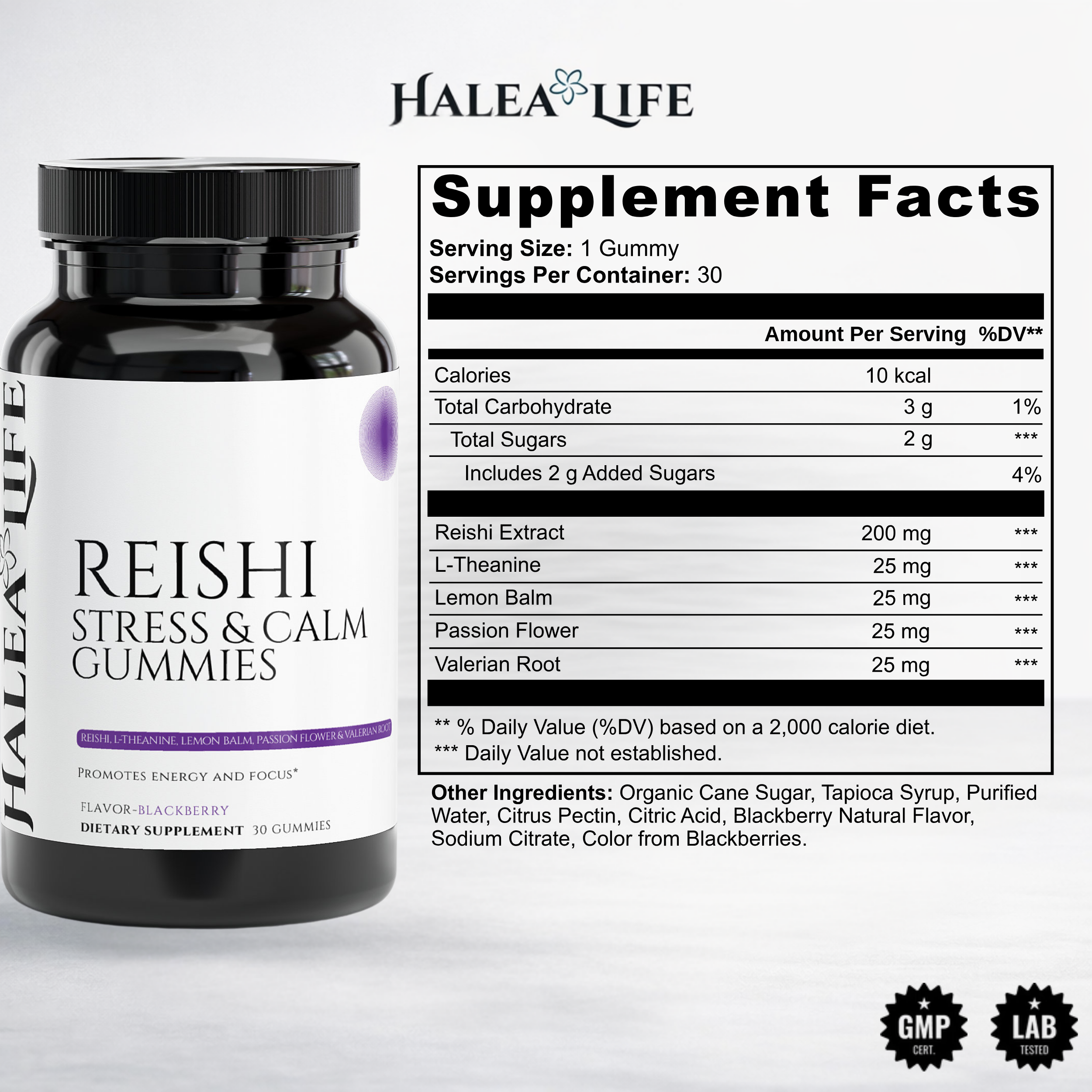 Reishi Stress & Calm Gummies supplement facts label Reishi Extract, L-Theanine, Lemon Balm, Passion Flower, Valerian Root