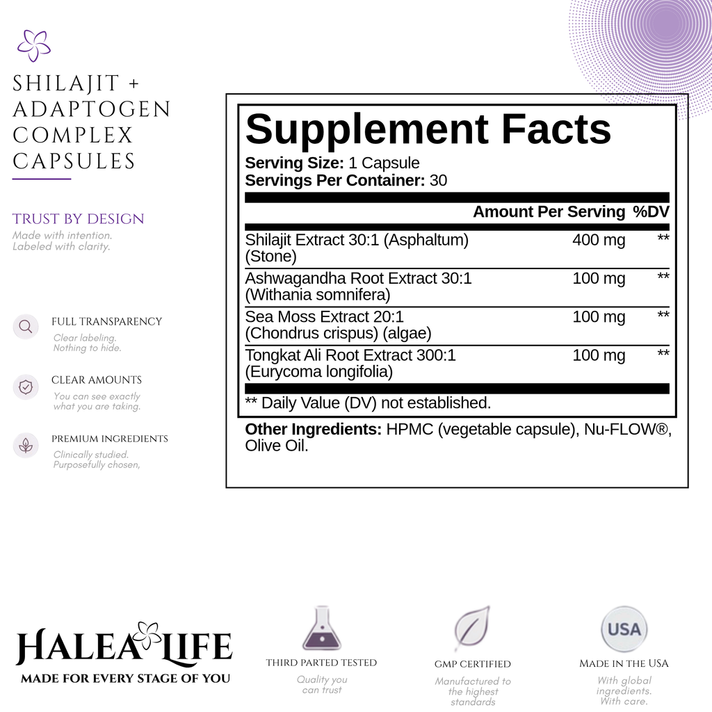 Halea Life Shilajit Adaptogen Complex supplement facts with Shilajit extract and adaptogen dosage detail