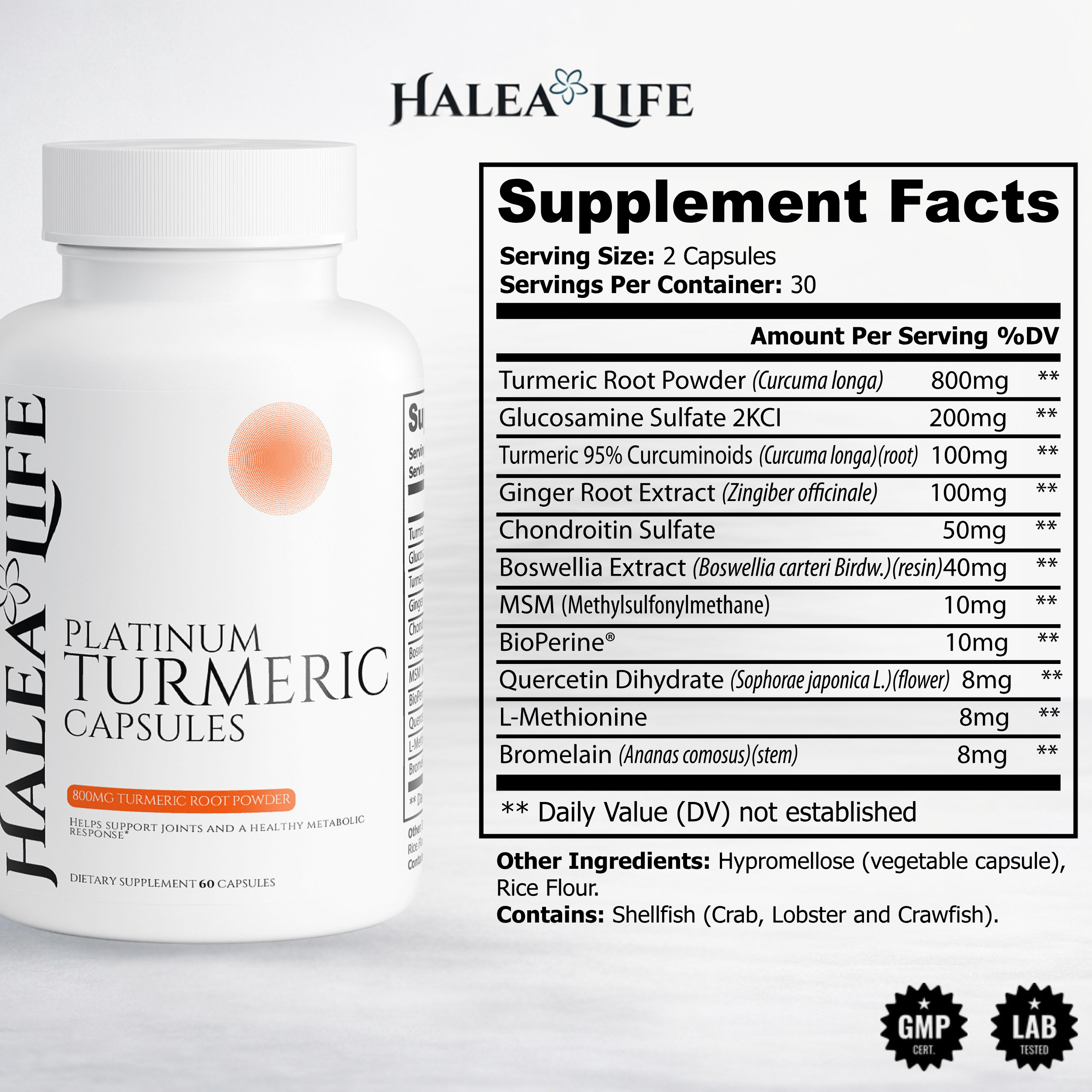 Halea Life Platinum Turmeric Capsules bottle with supplement facts label on a white background