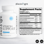 Halea Life Vision Support supplement bottle with label showing supplement facts on a white background