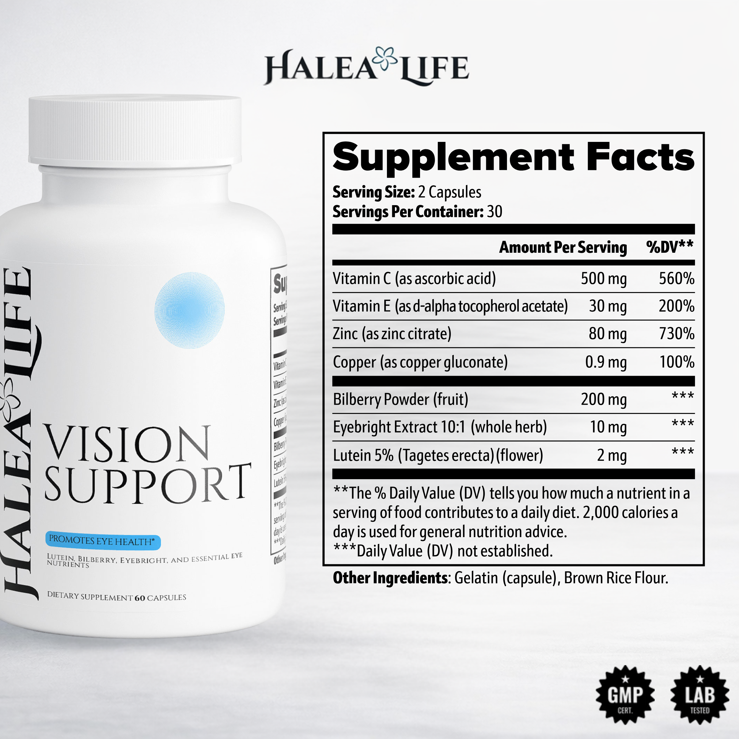 Halea Life Vision Support supplement bottle with label showing supplement facts on a white background