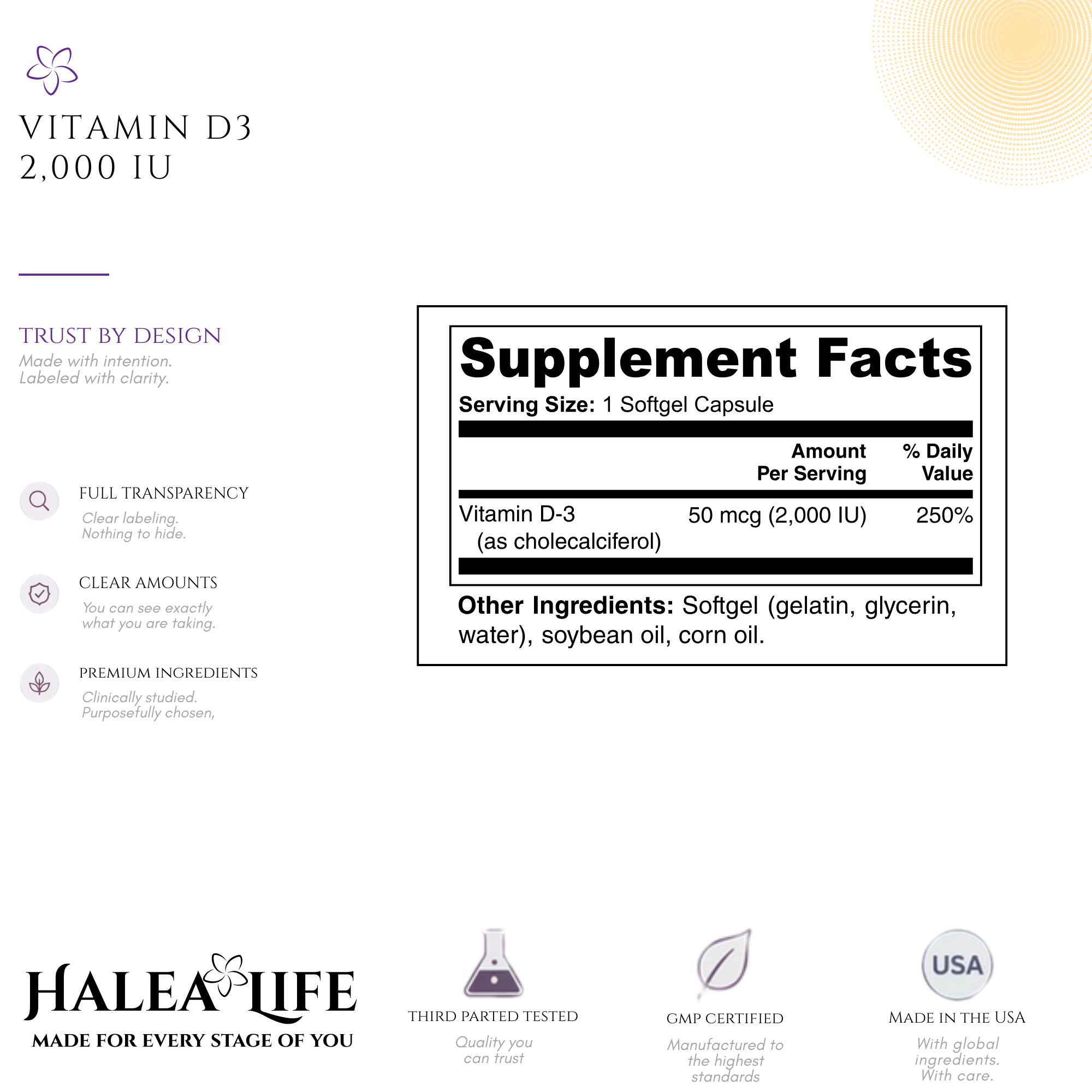 Supplement label for Vitamin D3 2,000 IU with Halea Life branding and certification logos.