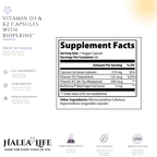 Supplement label for Vitamin D3 & K2 capsules with Bioperine from Halea Life on a white background.