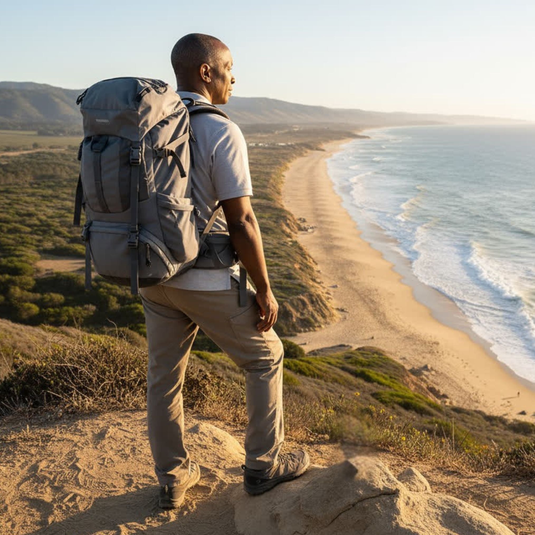 Man with a backpack standing on a cliff overlooking a beach and ocean.