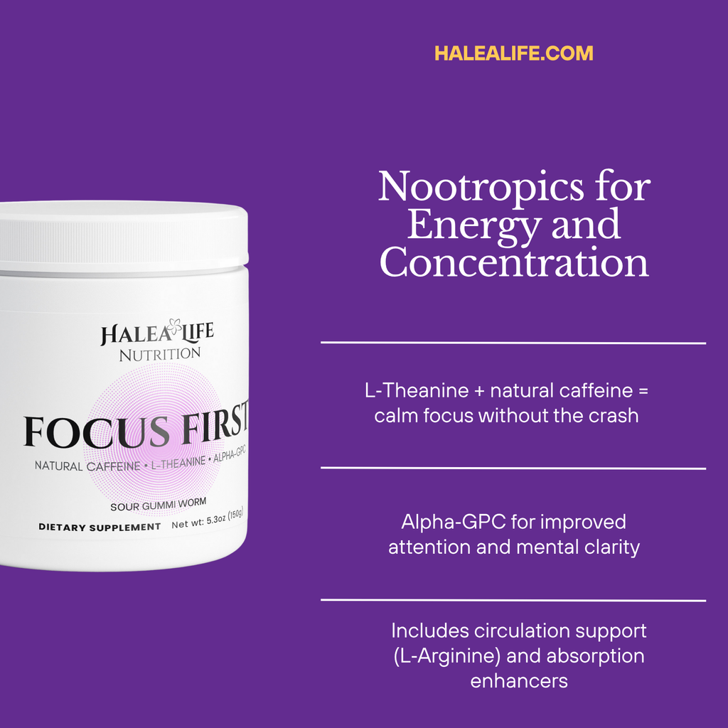 Halea Life Nutrition Focus First supplement container on a purple background with text about nootropics.