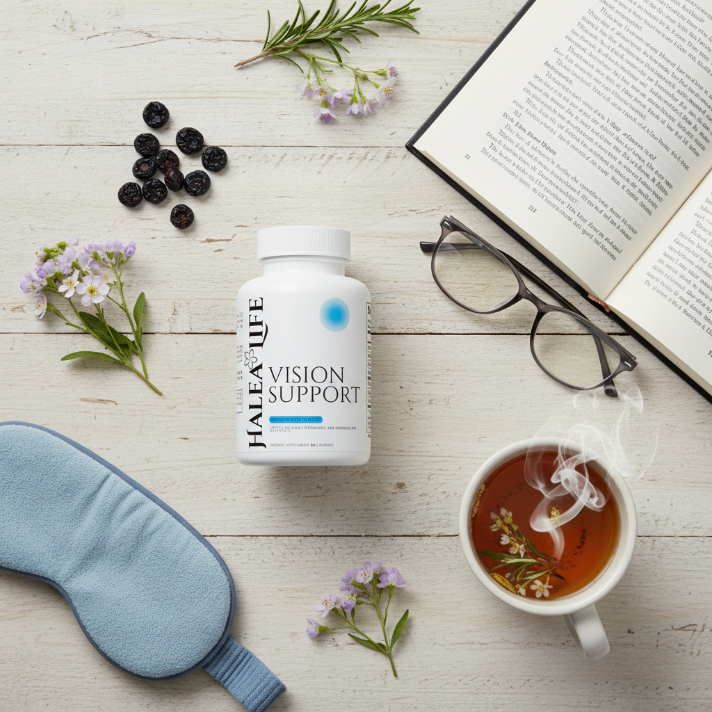 Helea Life Vision Support supplement bottle on a wooden surface with tea, flowers, and reading materials.