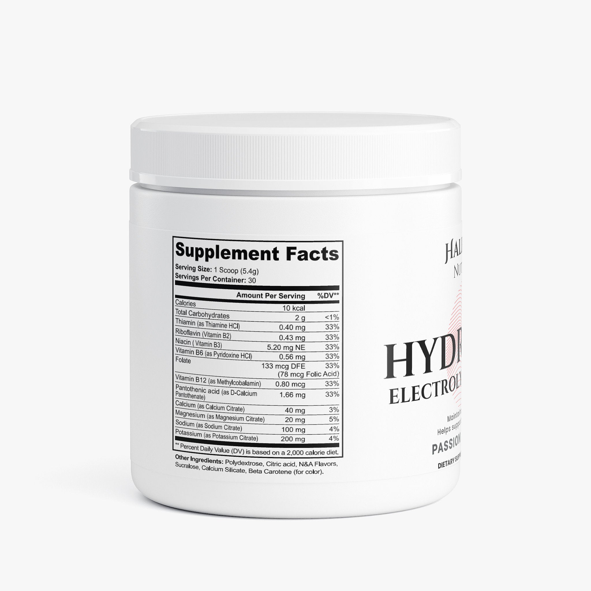 White supplement container with label on a white background