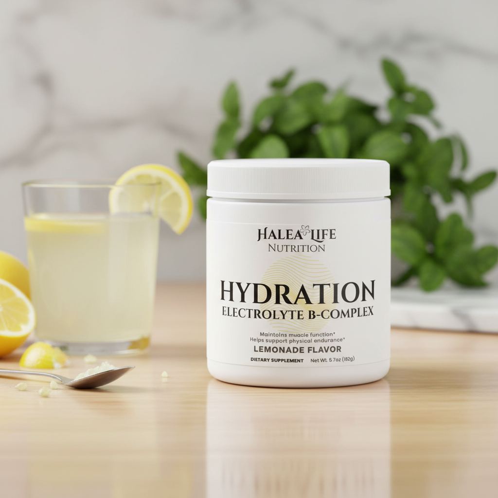 Halea Life Nutrition Hydration Electrolyte B-Complex supplement jar with lemonade glass and lemons on a wooden surface.