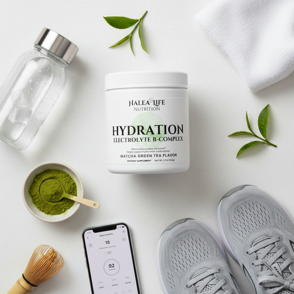 Halea Life Nutrition Hydration Electrolyte B-Complex container on a white surface with green leaves, a glass bottle, and sneakers.