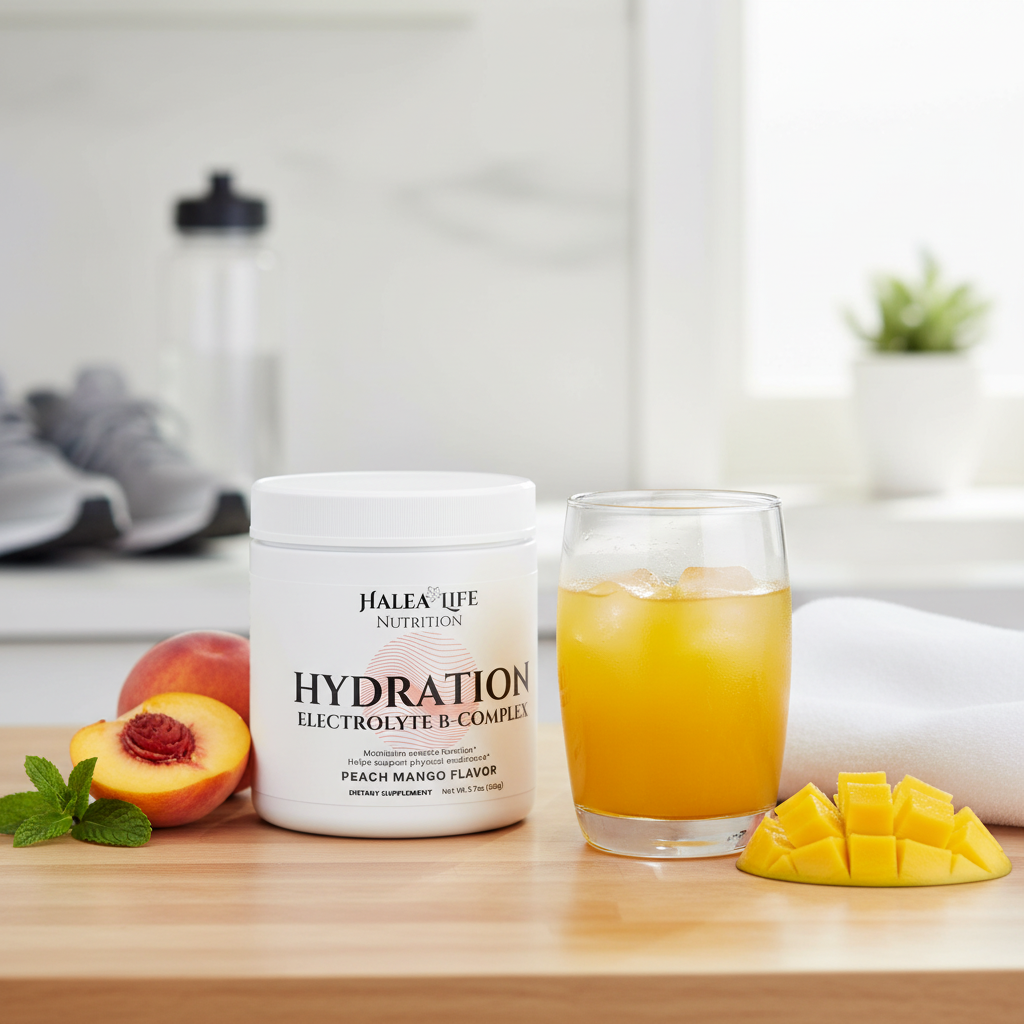 Hale & Life Nutrition Hydration Electrolyte B-Complex supplement container with a glass of peach mango juice on a wooden surface.