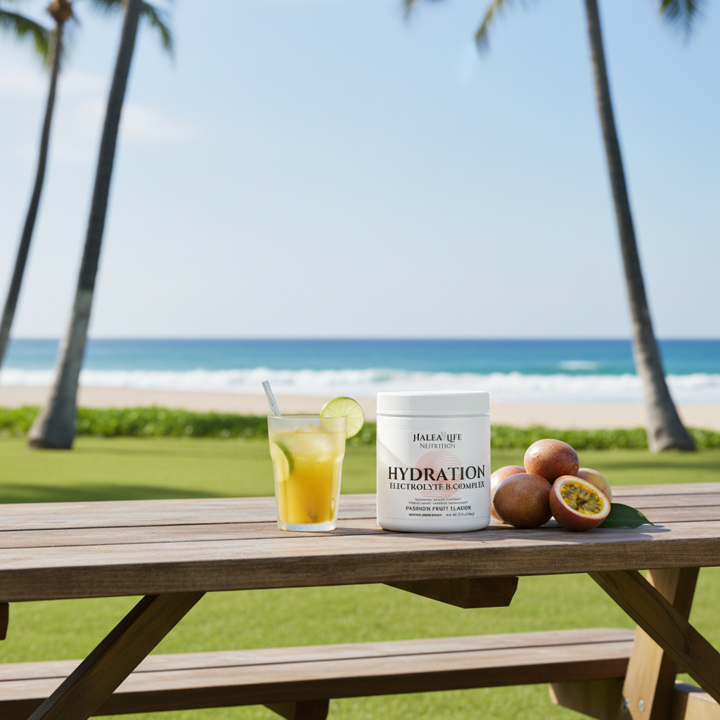 Table with a bottle of Halea Life Hydration supplement, a glass of juice, and fruits with a beach and palm trees in the background.