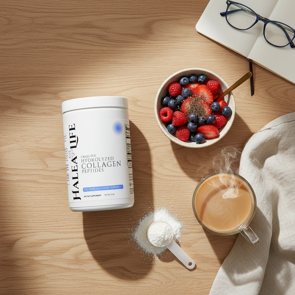 HALEA LIFE collagen powder container on a wooden table with berries, coffee, and glasses.