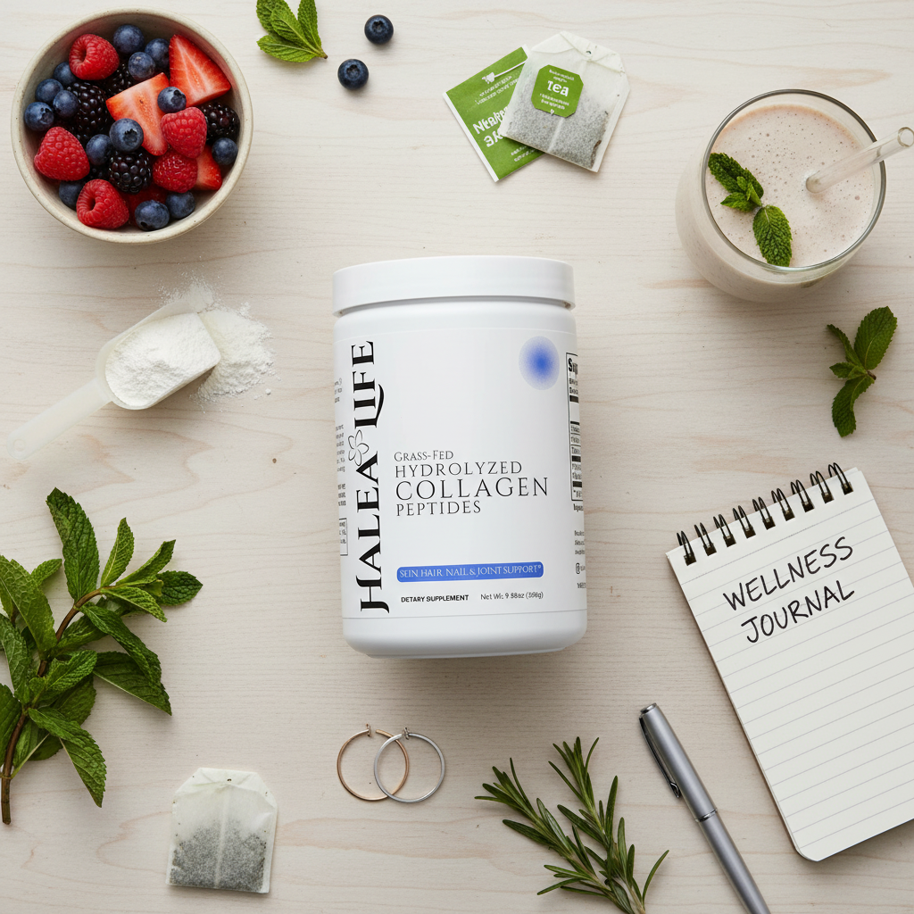 Collagen supplement container on a table with berries, tea, and a wellness journal.