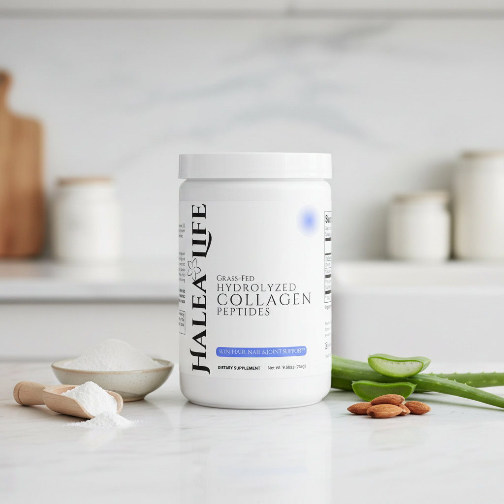 Halea Life collagen supplement container on a kitchen counter with aloe vera and almonds.