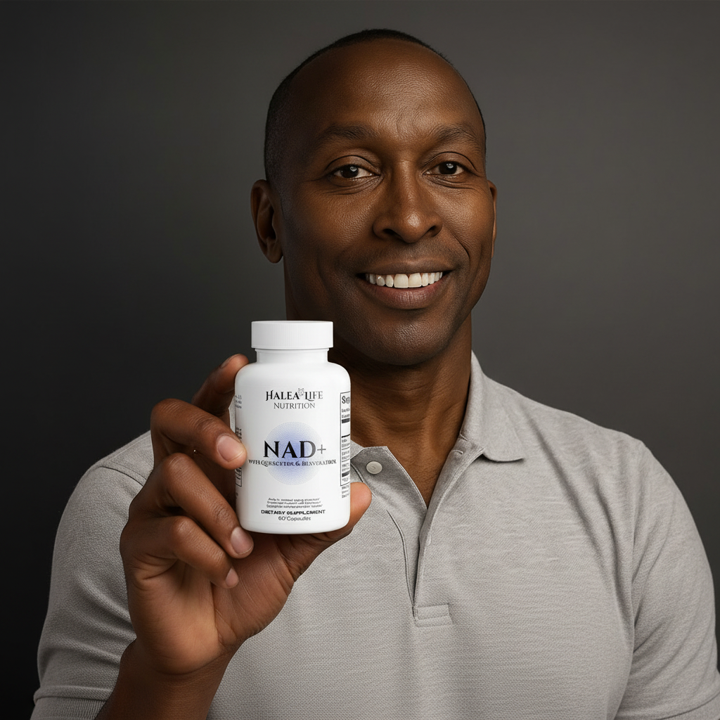 Man holding a bottle of NAD supplement with a dark background