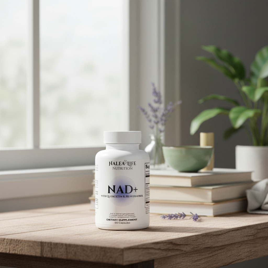 NAD+ supplement bottle on a wooden surface with a window and plant in the background