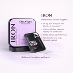 Halea Life Nutrition iron supplement packaging with text on a white background