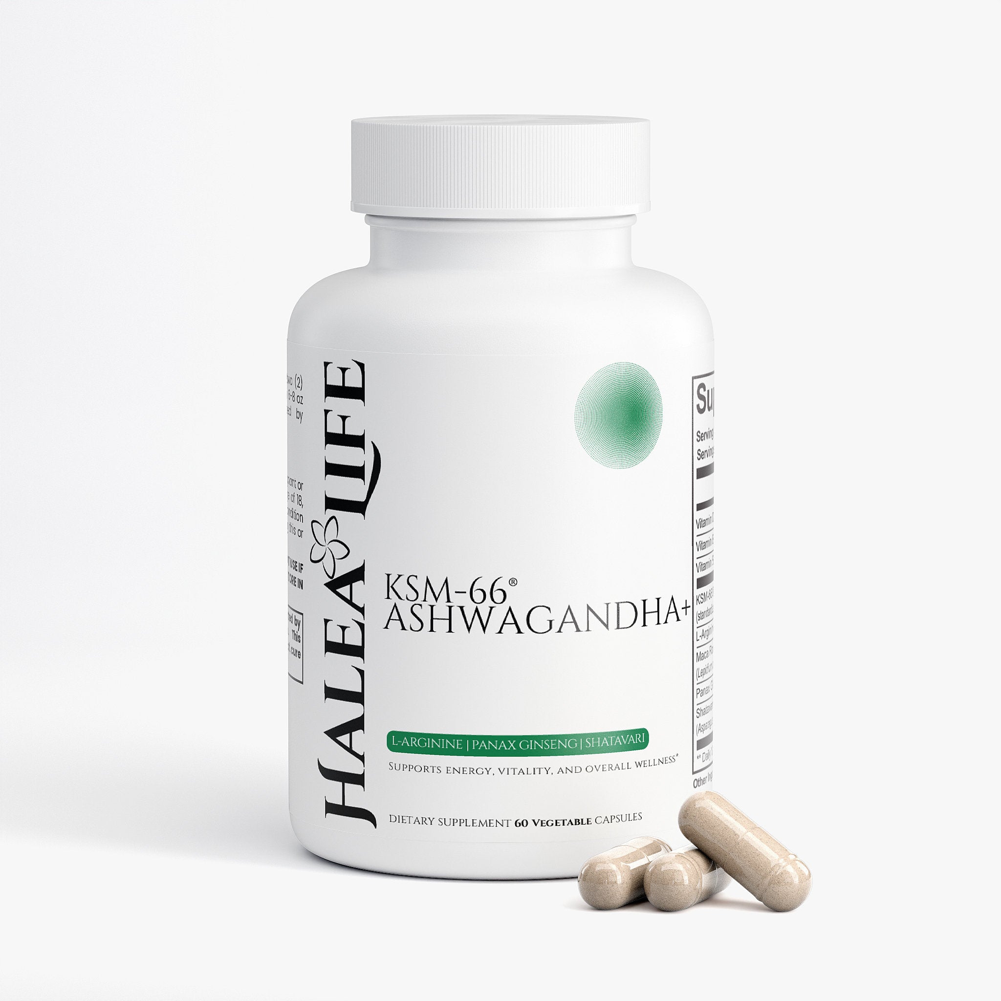 Halea Life KSM-66 Ashwagandha supplement bottle with capsules on a white background