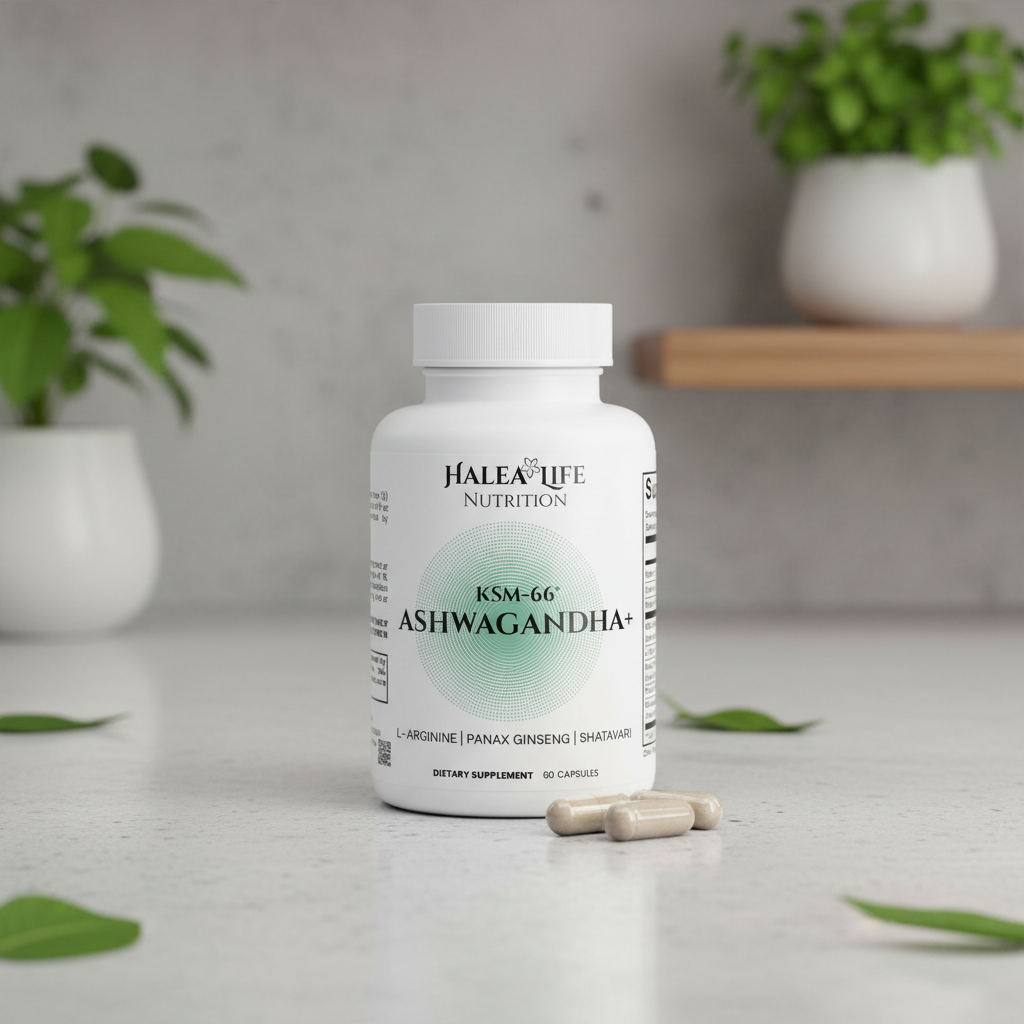 Halea Life KSM-66 Ashwagandha supplement bottle on a light surface with plants in the background