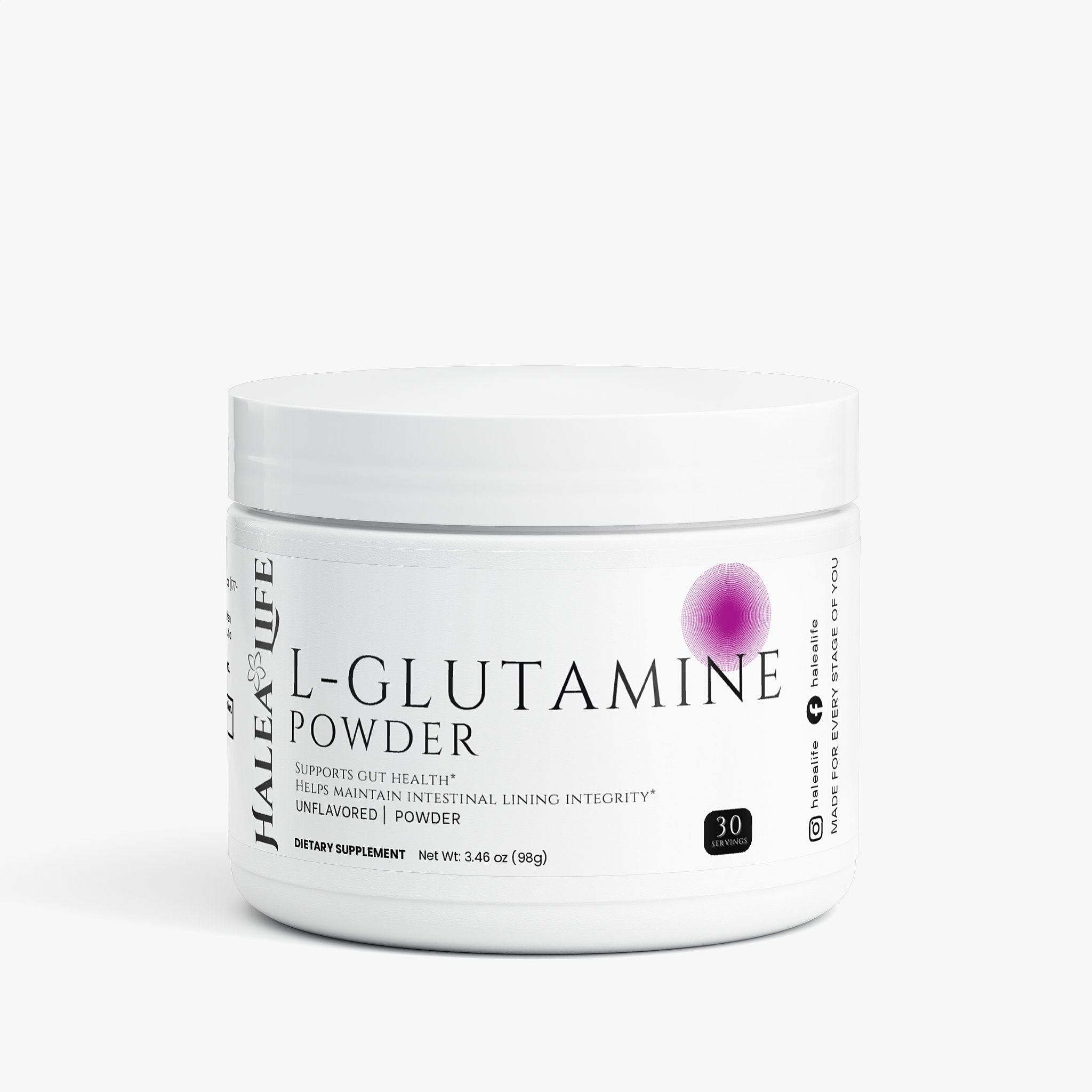 Halea Life L-Glutamine Powder delivers 3.15 g of pure L-Glutamine per scoop