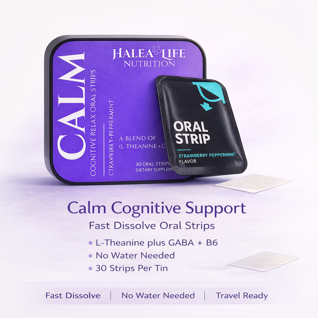 Halea Life Nutrition Calm Cognitive Support oral strip packaging on a light purple background