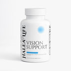 Supplement bottle labeled 'Vision Support' by Halea Life on a white background