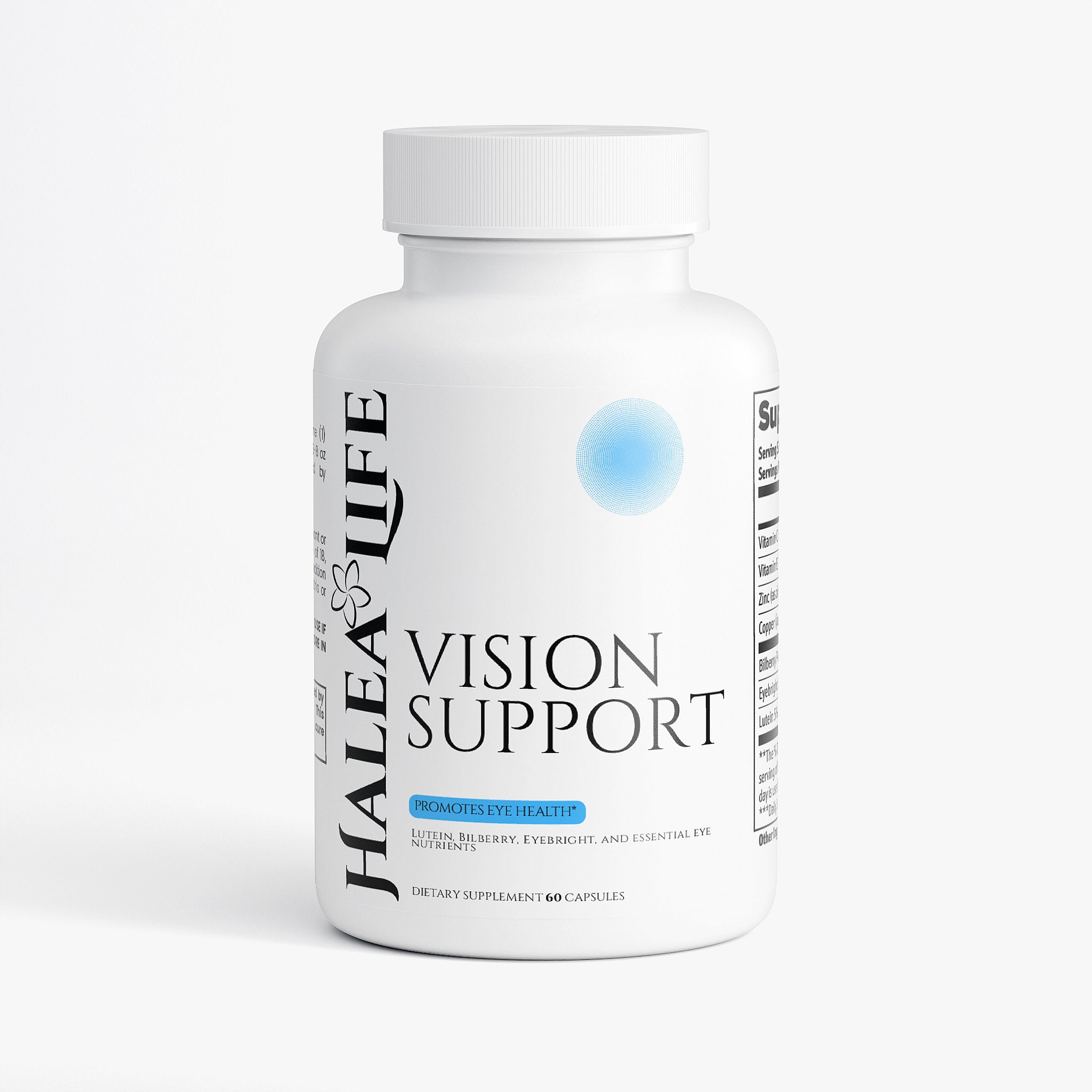 Supplement bottle labeled 'Vision Support' by Halea Life on a white background