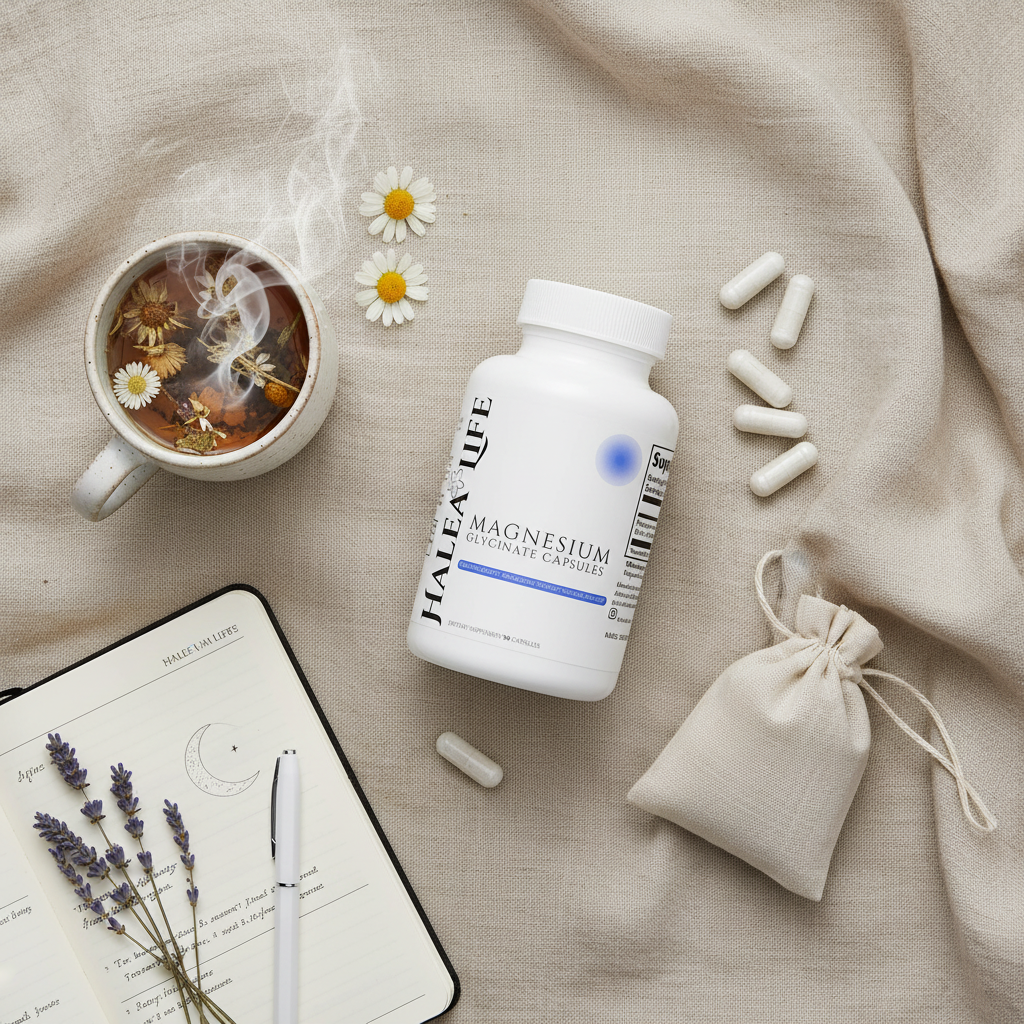 Halea Life magnesium supplement bottle with capsules, a mug of tea, and flowers on a textured surface.